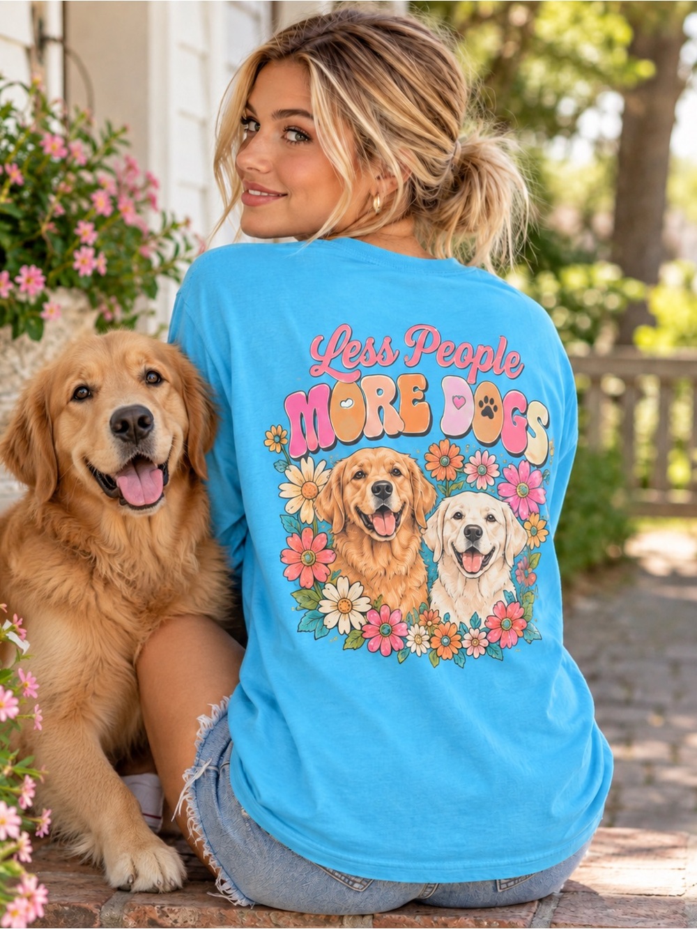 Simply Southern Less People More Dogs Aqua Long Sleeve Graphic Tee NWT